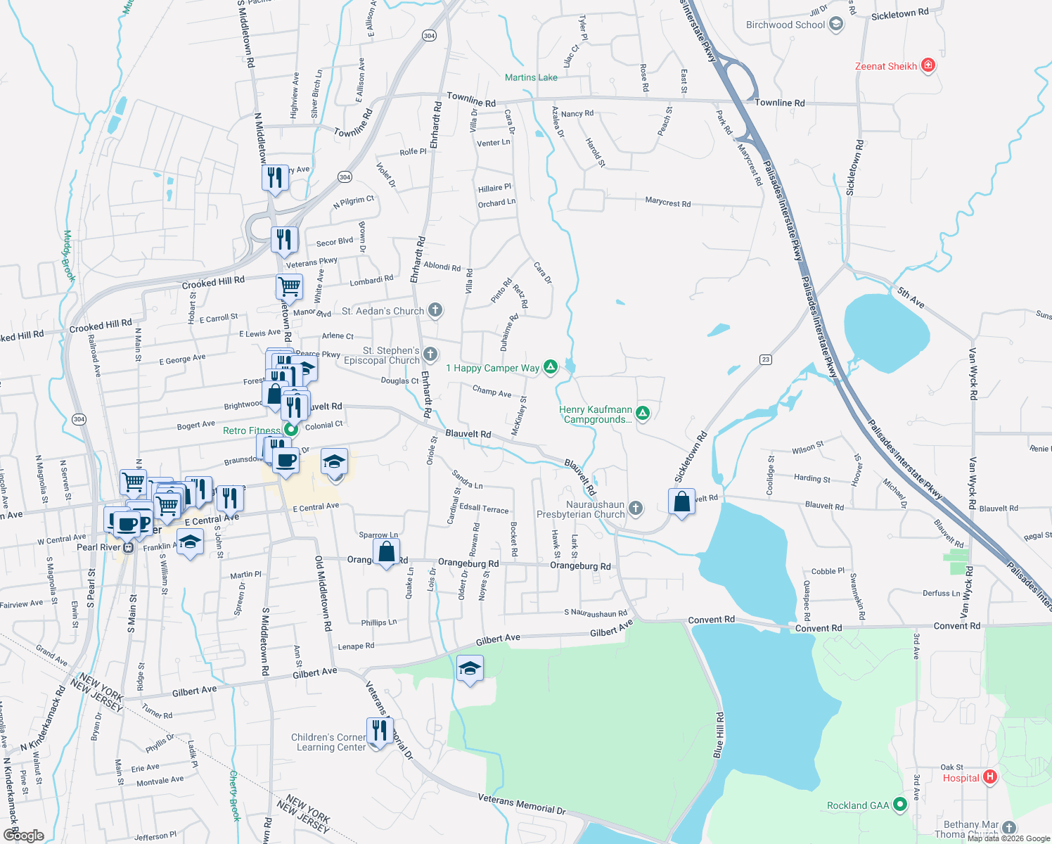 map of restaurants, bars, coffee shops, grocery stores, and more near 26 McKinley Street in Pearl River
