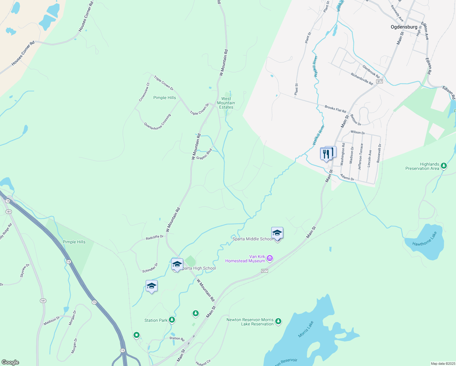 map of restaurants, bars, coffee shops, grocery stores, and more near 58 Scudders Road in Sparta Township