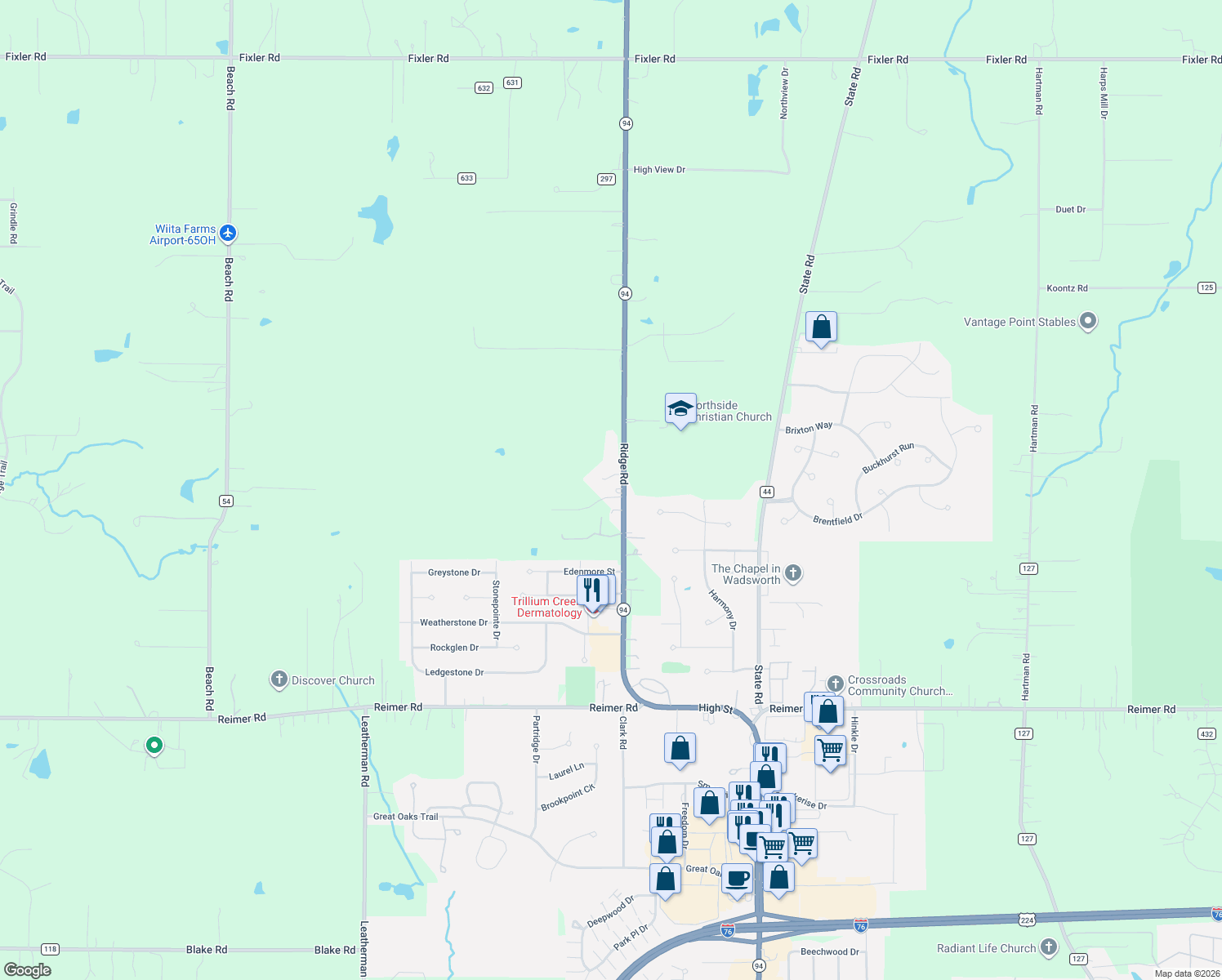 map of restaurants, bars, coffee shops, grocery stores, and more near 7728 Ridge Road in Wadsworth