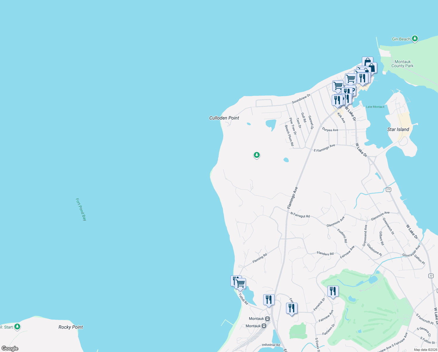 map of restaurants, bars, coffee shops, grocery stores, and more near 31 Wills Point Rd in Montauk