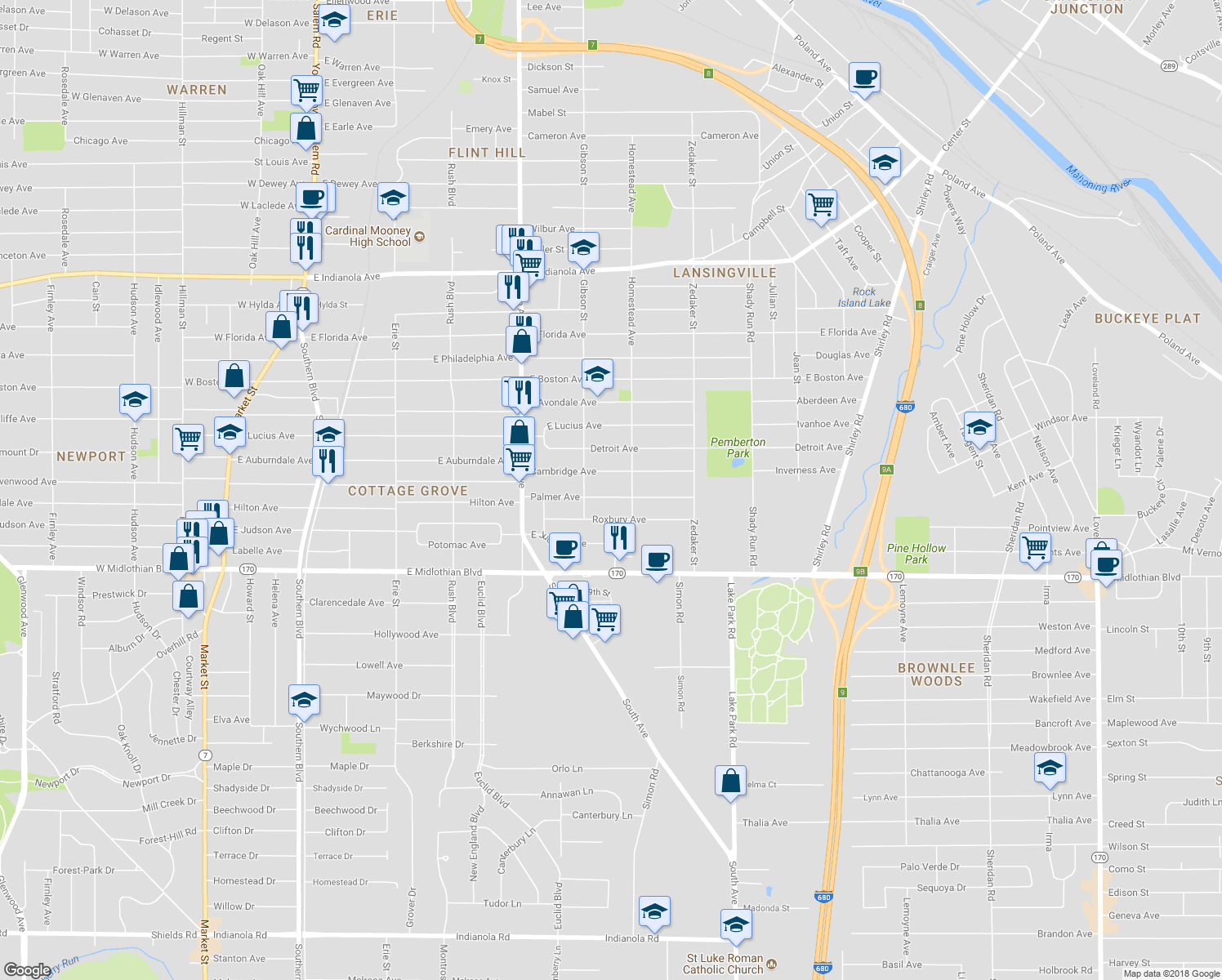 map of restaurants, bars, coffee shops, grocery stores, and more near 736 Palmer Avenue in Youngstown
