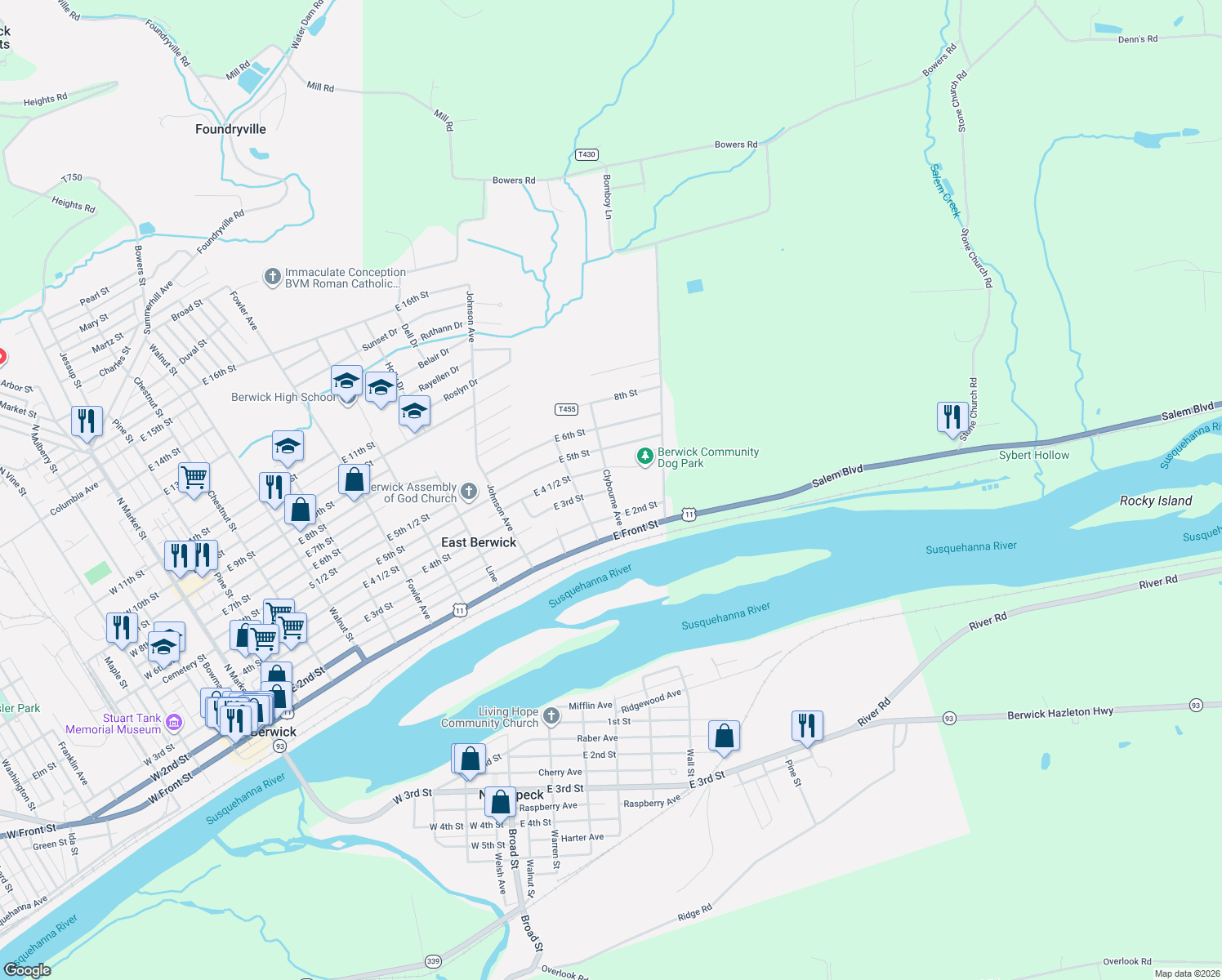 map of restaurants, bars, coffee shops, grocery stores, and more near 298 Clybourne Ave in Berwick