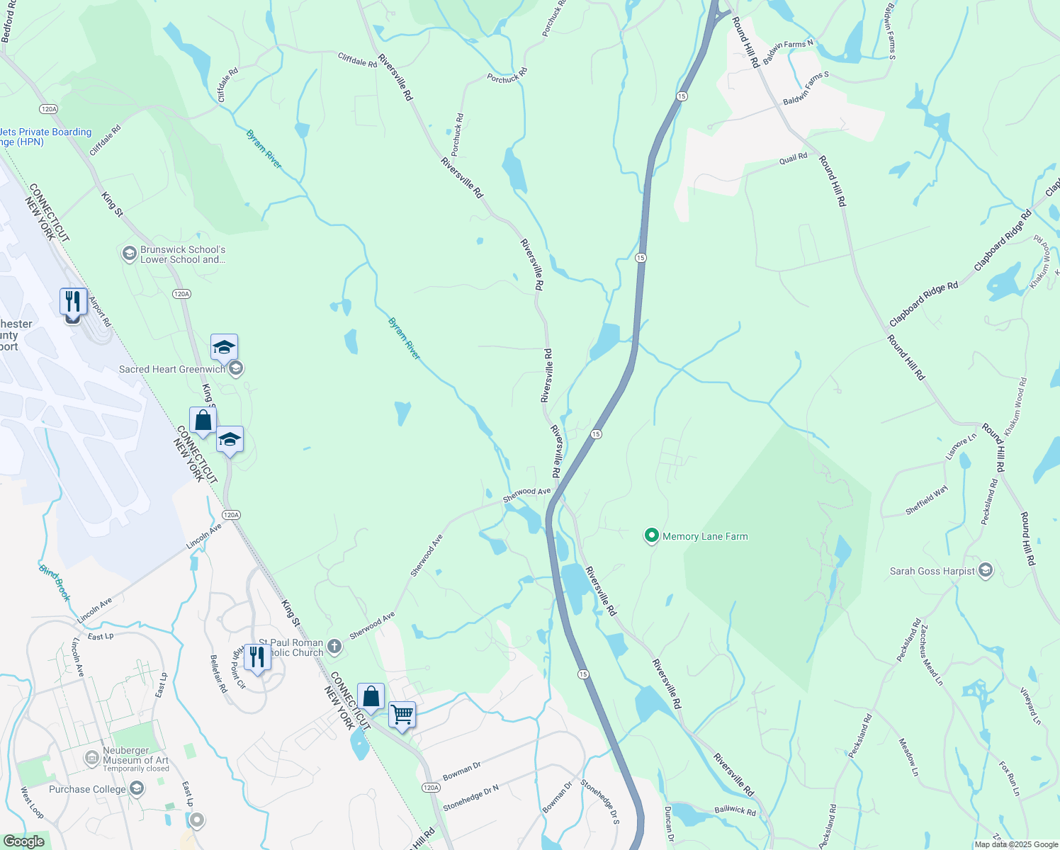 map of restaurants, bars, coffee shops, grocery stores, and more near 354 Riversville Road in Greenwich