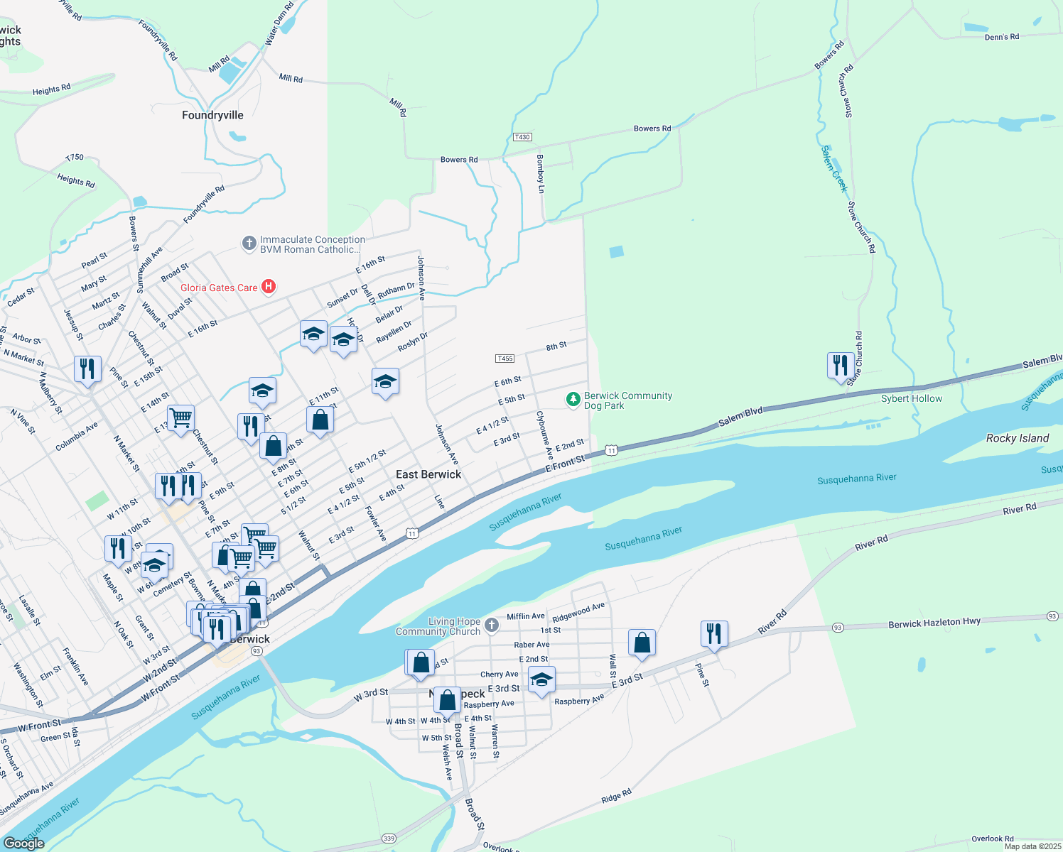 map of restaurants, bars, coffee shops, grocery stores, and more near 1125 E 3rd St in Berwick
