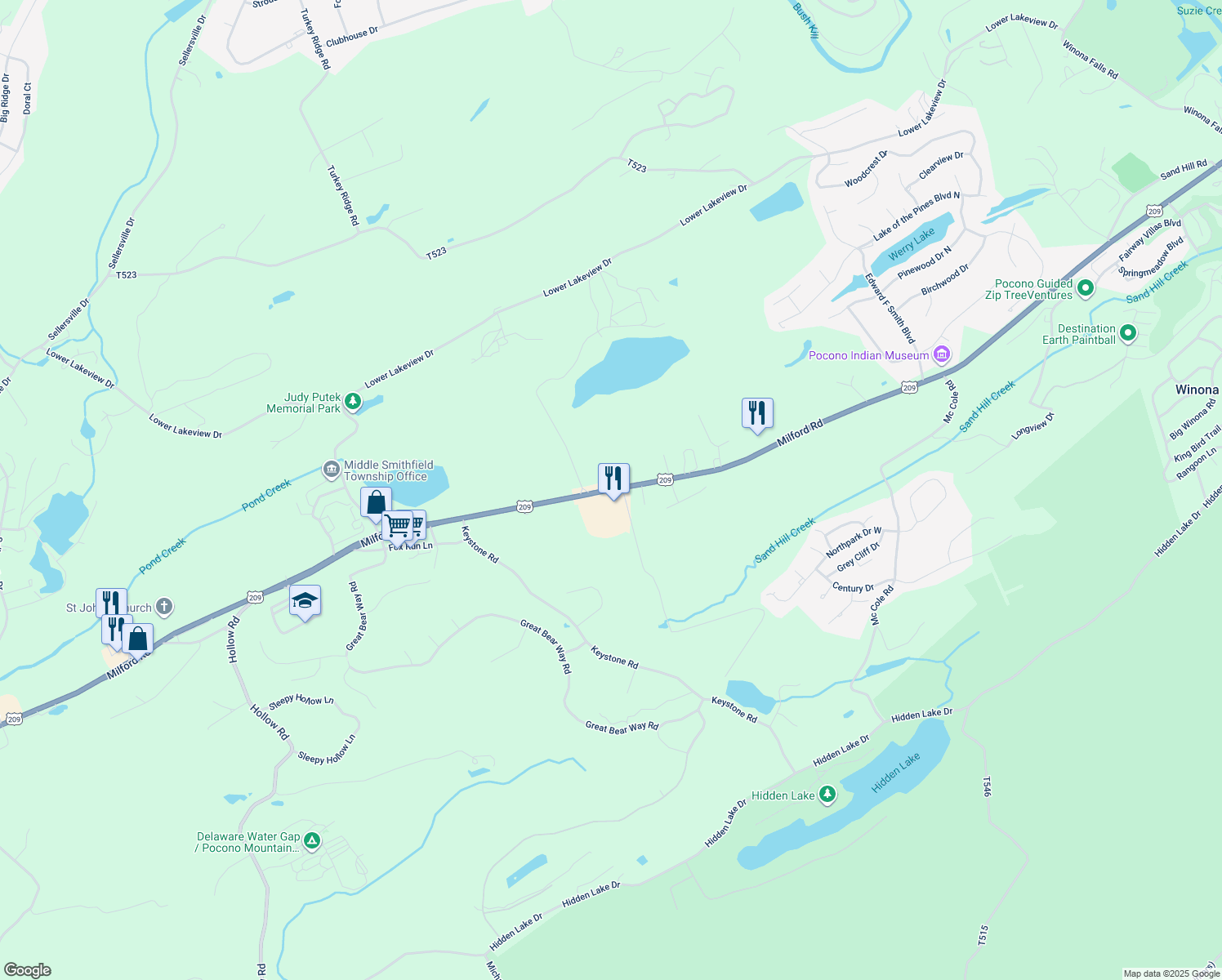 map of restaurants, bars, coffee shops, grocery stores, and more near 5226 Milford Road in East Stroudsburg