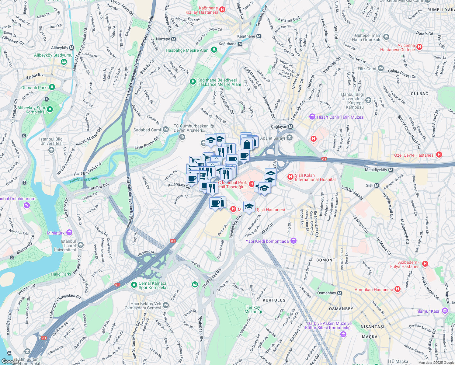 map of restaurants, bars, coffee shops, grocery stores, and more near 34 Darülaceze Caddesi in Kâğıthane