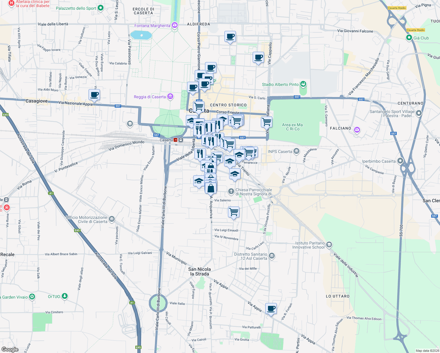 map of restaurants, bars, coffee shops, grocery stores, and more near 96-102 Viale Abramo Lincoln in Caserta