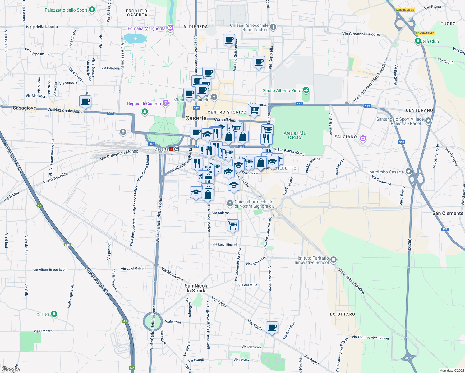 map of restaurants, bars, coffee shops, grocery stores, and more near 166 Viale Abramo Lincoln in Caserta