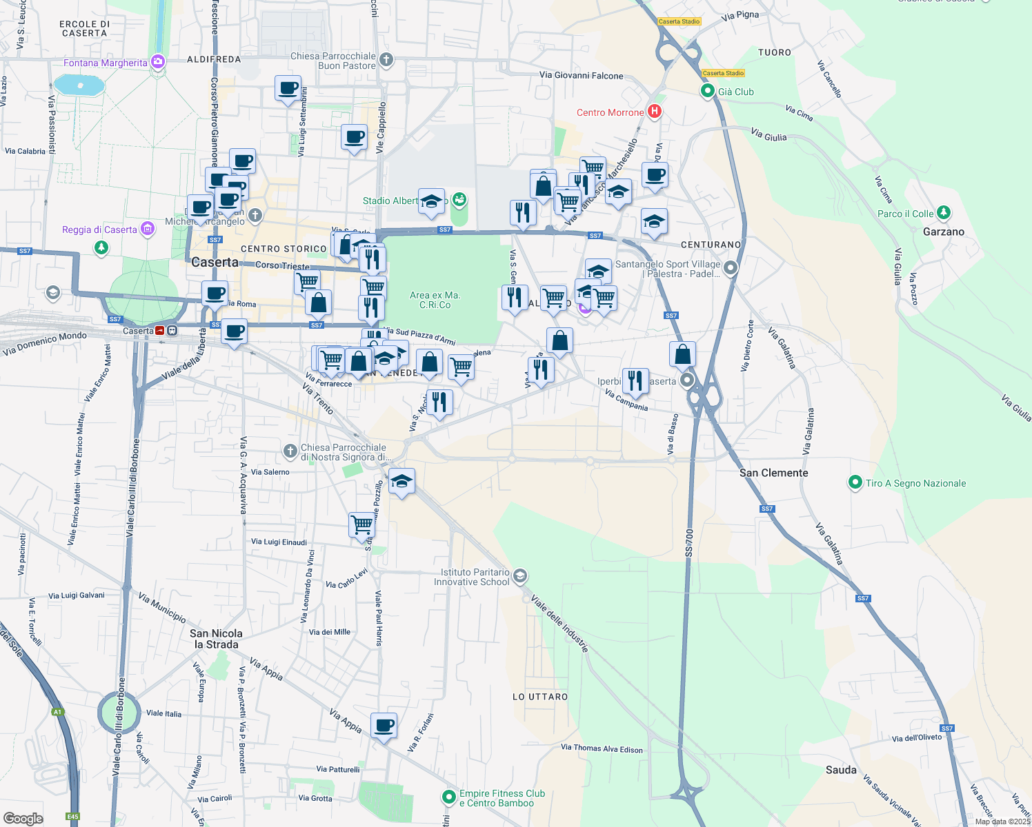 map of restaurants, bars, coffee shops, grocery stores, and more near 7 Via Assunta in Caserta