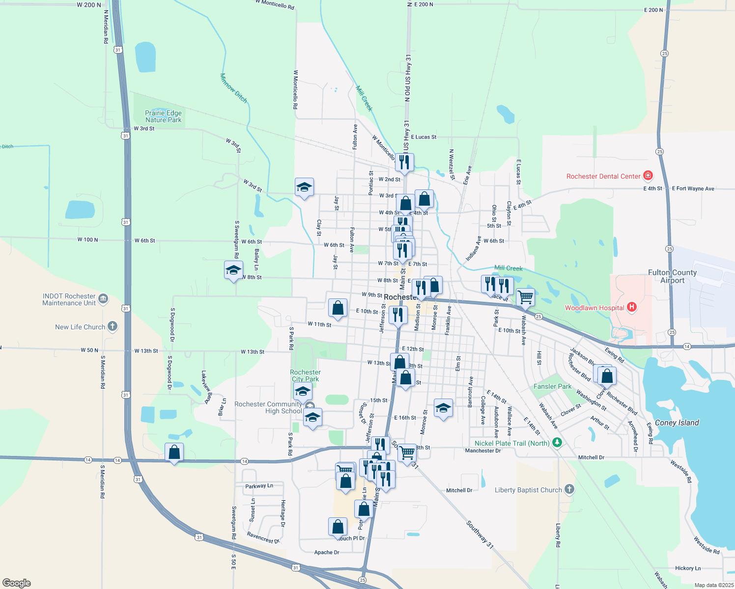 map of restaurants, bars, coffee shops, grocery stores, and more near Pontiac Street in Rochester