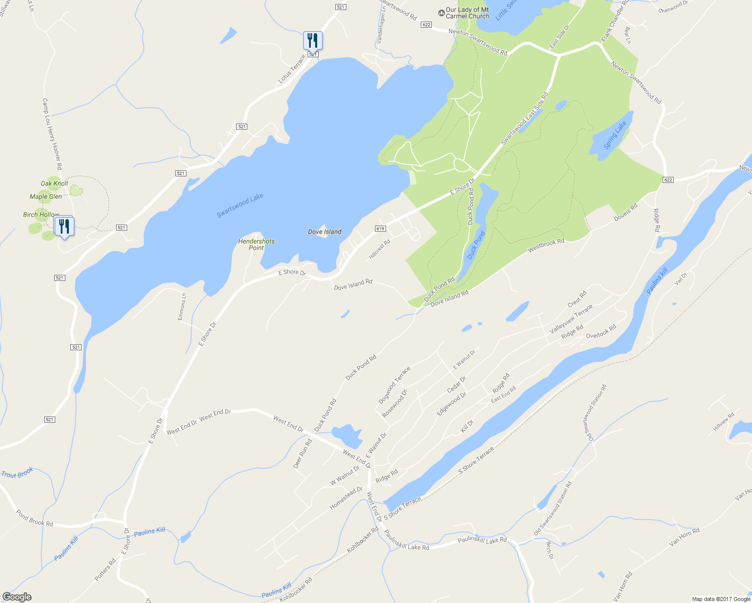 map of restaurants, bars, coffee shops, grocery stores, and more near 912 Dove Island Road in Newton