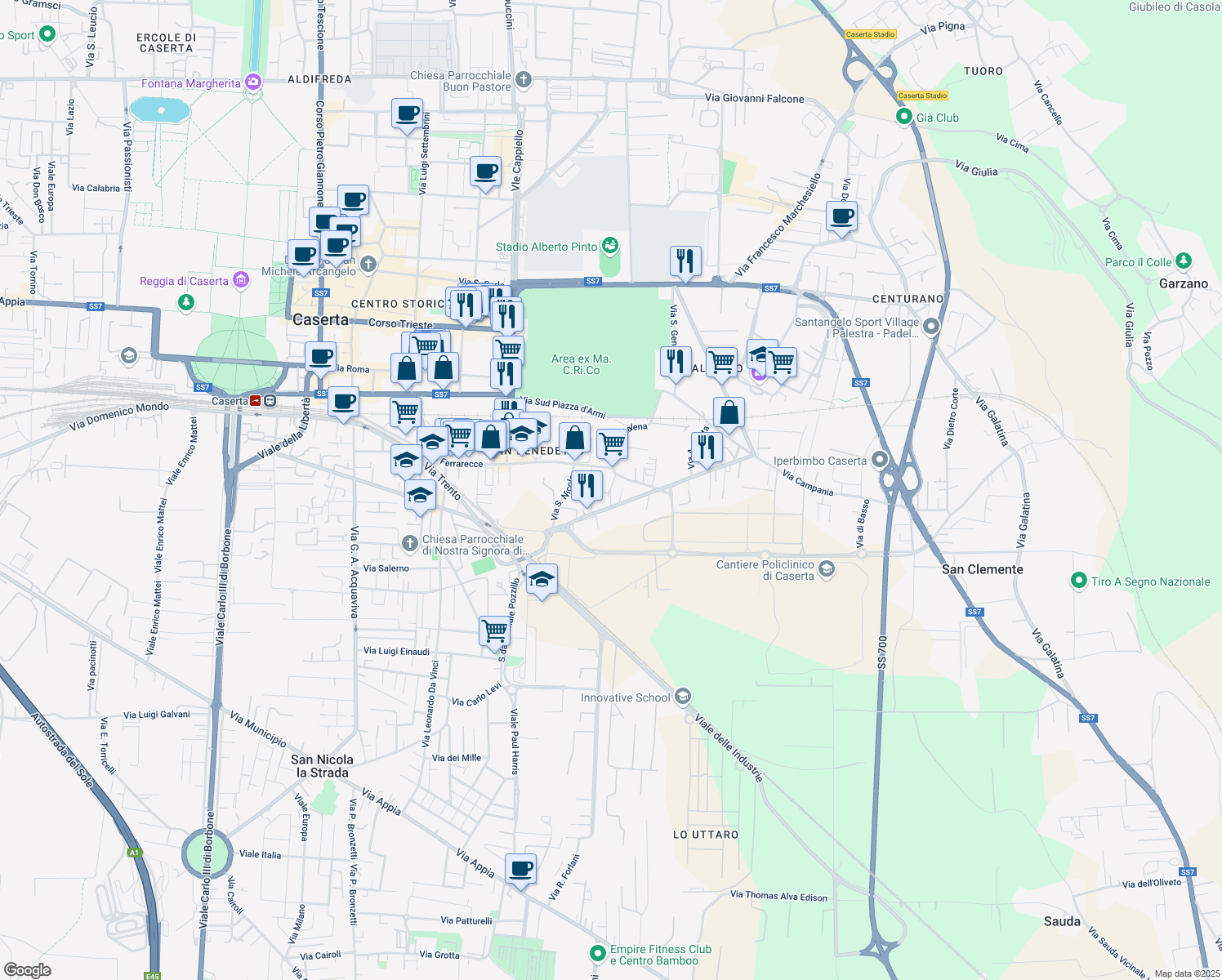 map of restaurants, bars, coffee shops, grocery stores, and more near Vicolo Sant'Antonio in Caserta