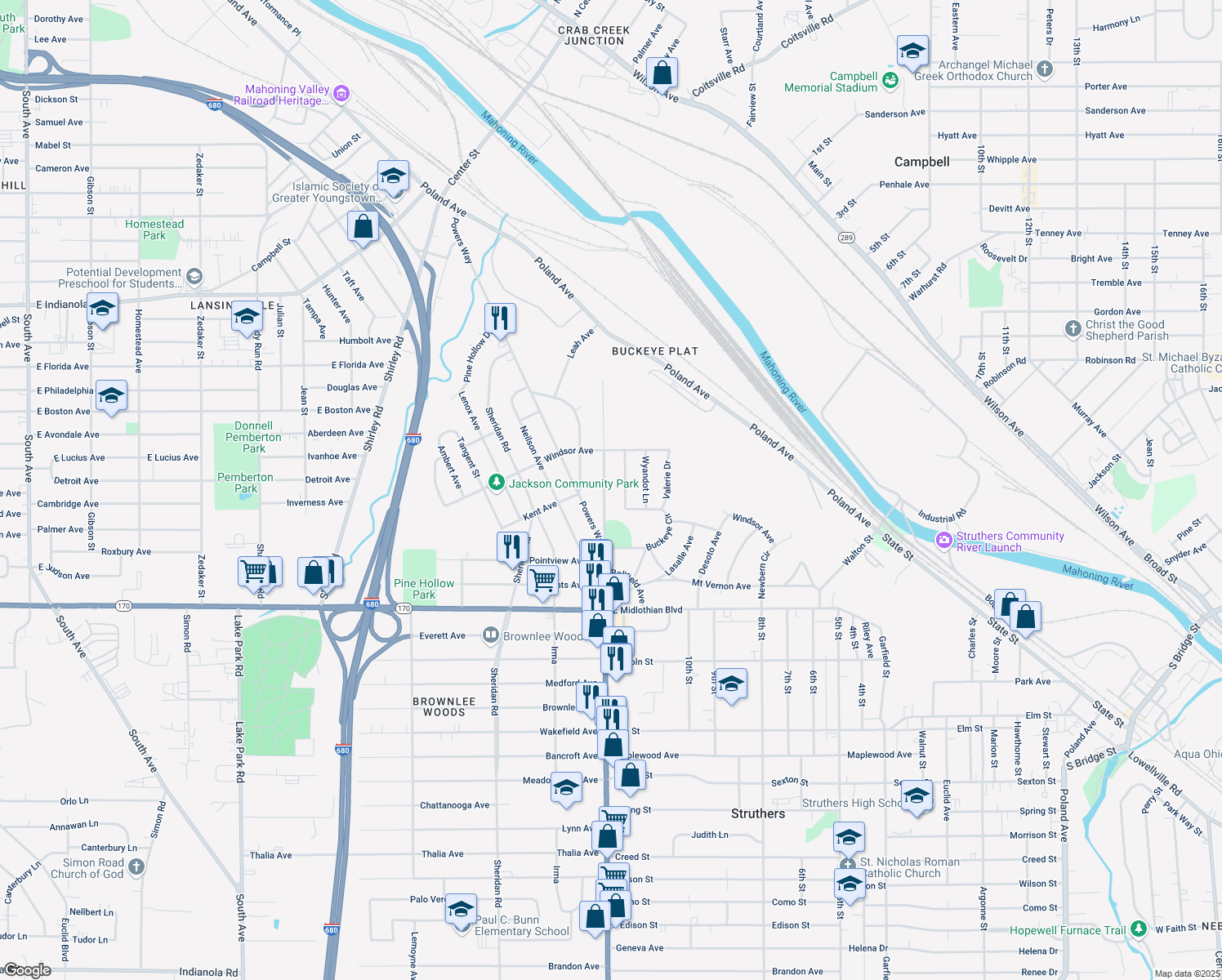 map of restaurants, bars, coffee shops, grocery stores, and more near 3593 Loveland Road in Youngstown