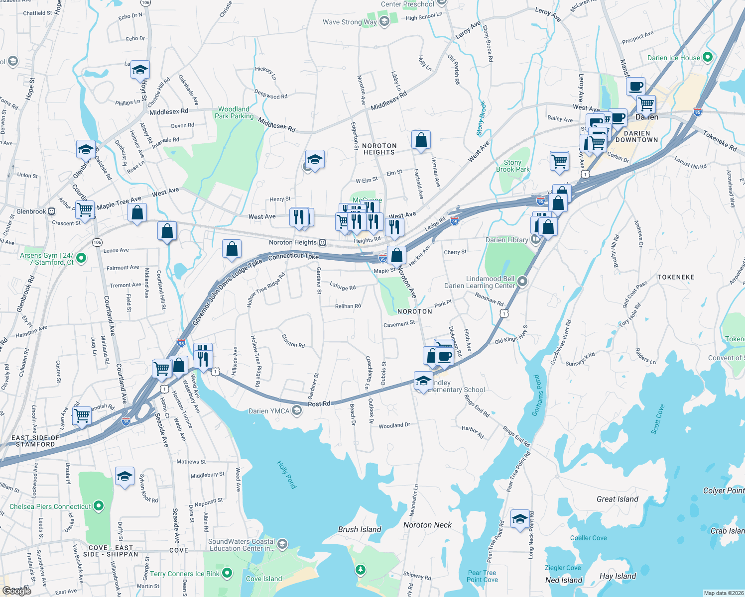 map of restaurants, bars, coffee shops, grocery stores, and more near 71 Dubois Street in Darien