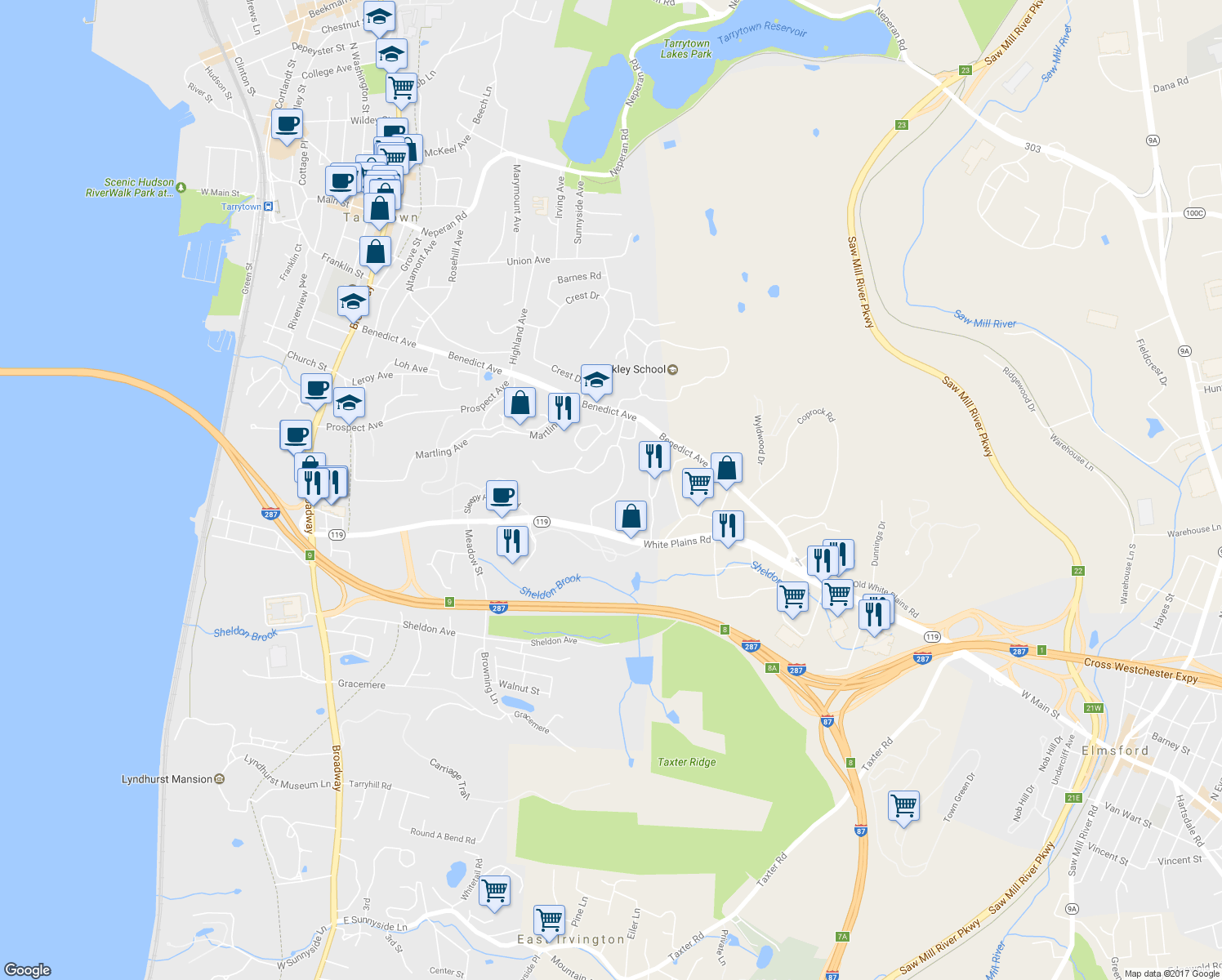 map of restaurants, bars, coffee shops, grocery stores, and more near 101 Carrollwood Drive in Tarrytown