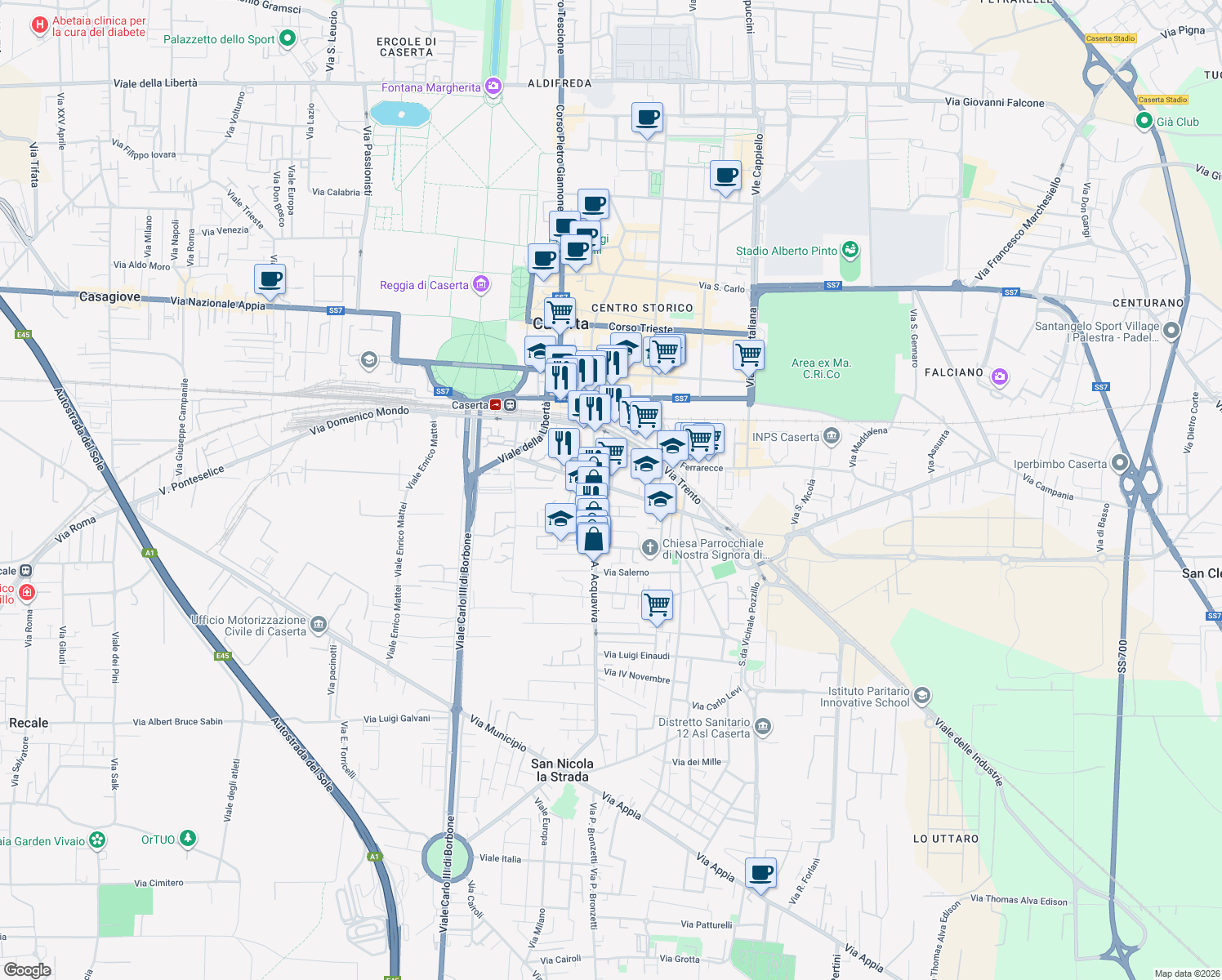 map of restaurants, bars, coffee shops, grocery stores, and more near 96 Viale Abramo Lincoln in Caserta