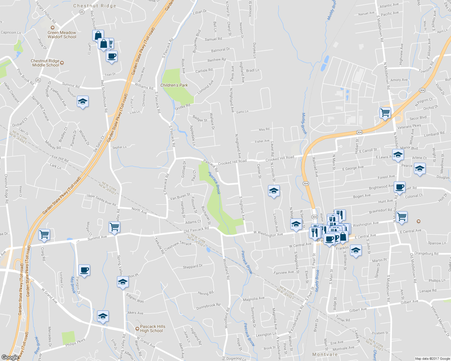 map of restaurants, bars, coffee shops, grocery stores, and more near 140 Pascack Rd in Pearl River