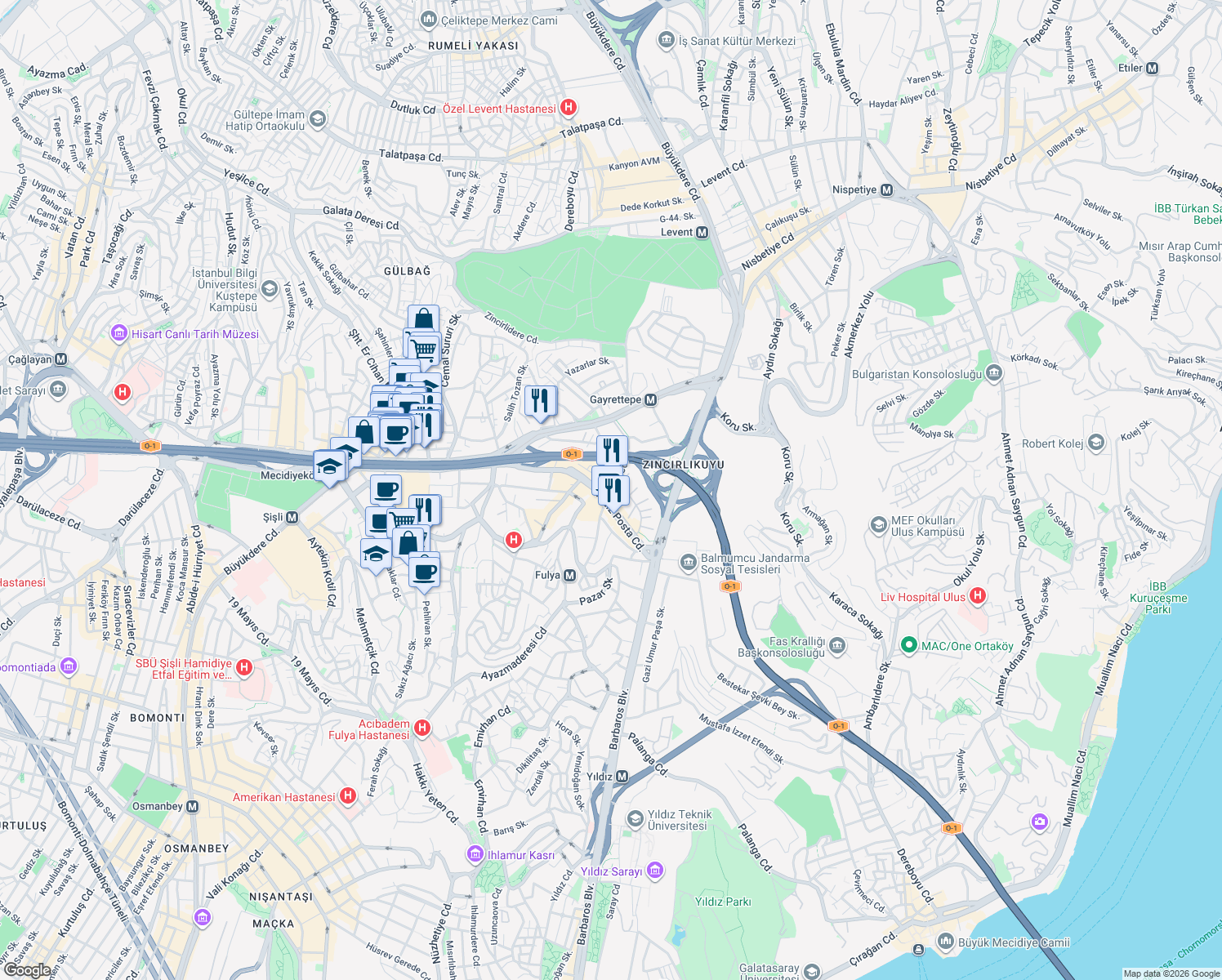 map of restaurants, bars, coffee shops, grocery stores, and more near 2 Villa Caddesi in Şişli