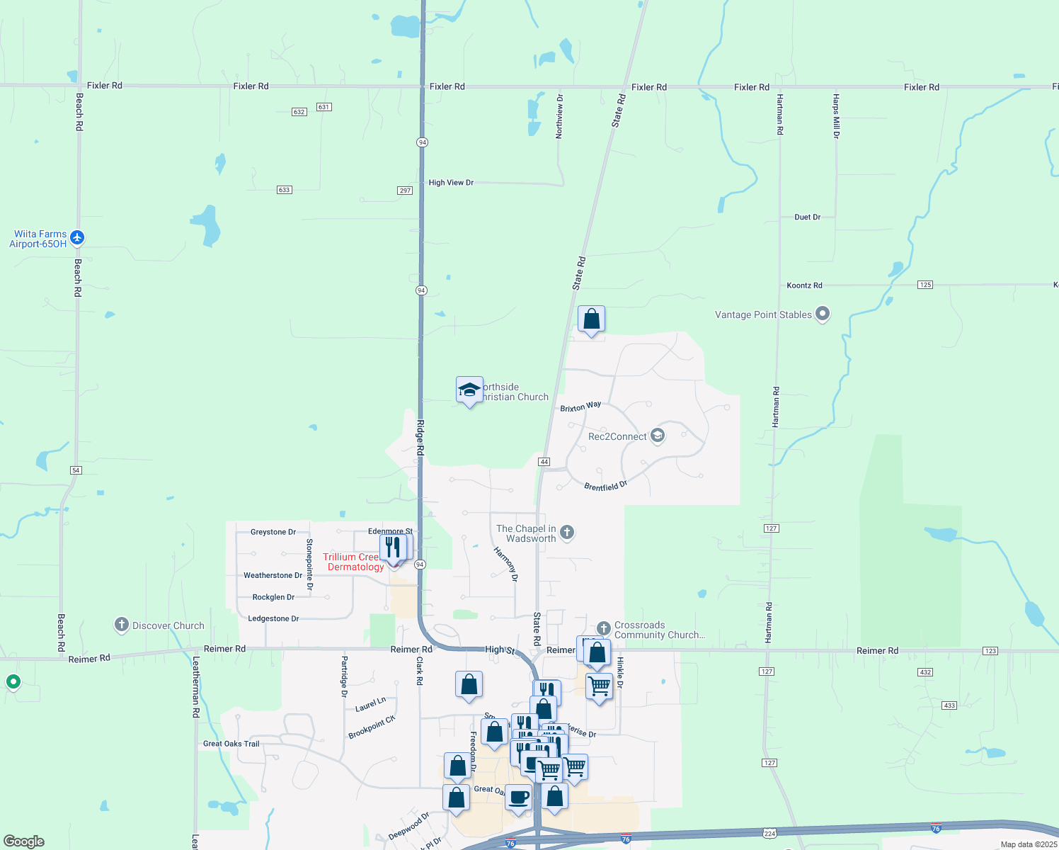 map of restaurants, bars, coffee shops, grocery stores, and more near 7680 State Road in Wadsworth