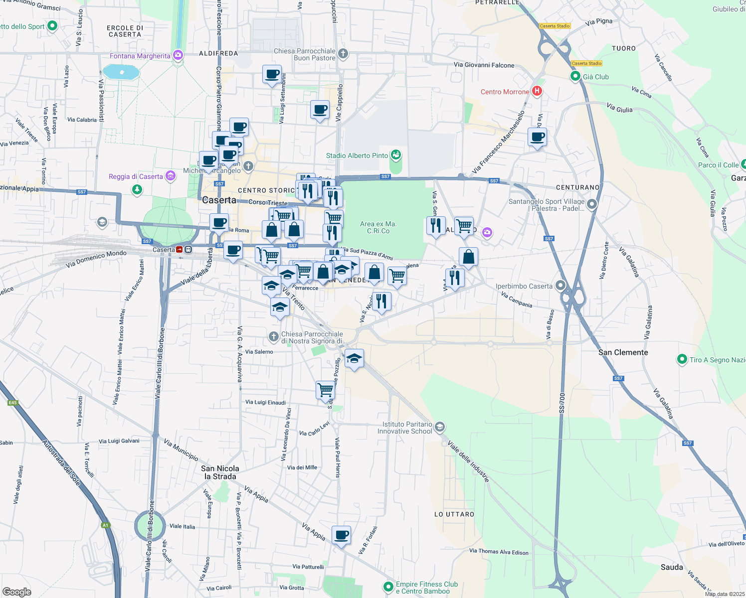 map of restaurants, bars, coffee shops, grocery stores, and more near 25 Via San Nicola in Caserta