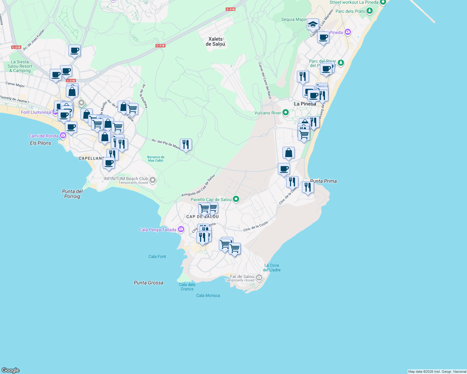 map of restaurants, bars, coffee shops, grocery stores, and more near 9 Carrer del Romaní in Salou