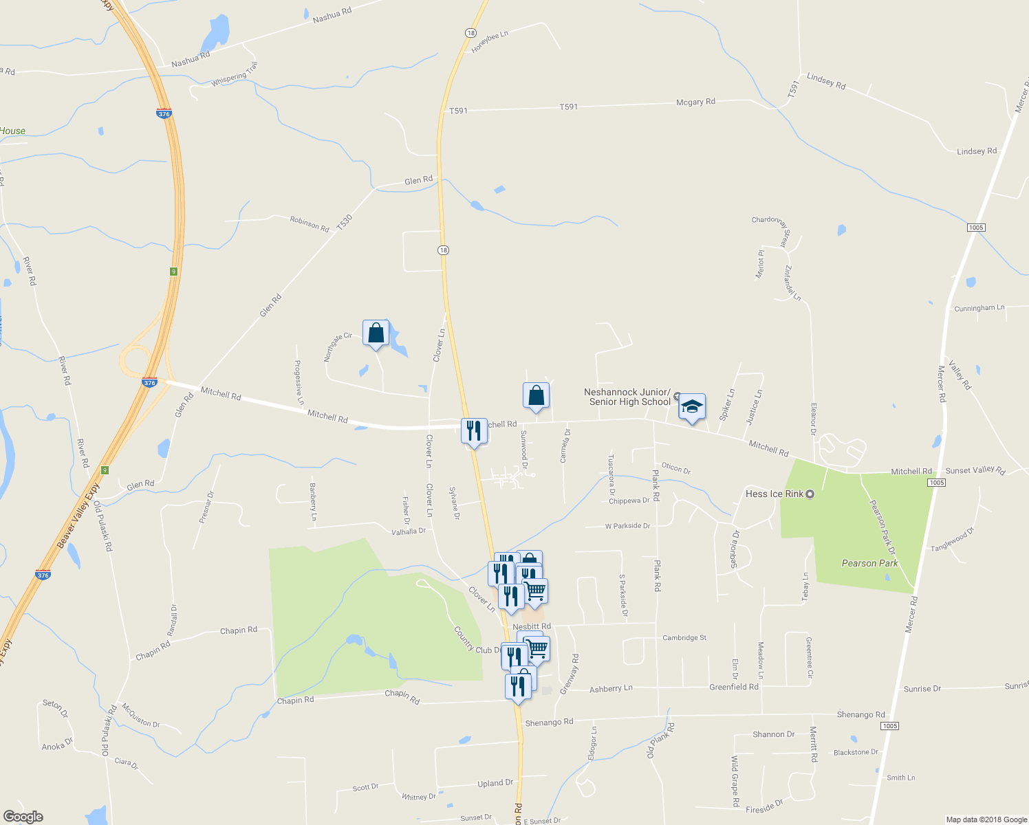 map of restaurants, bars, coffee shops, grocery stores, and more near 4408 Mitchell Road in New Castle