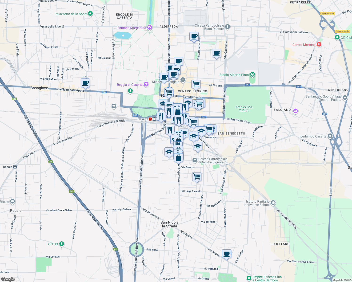 map of restaurants, bars, coffee shops, grocery stores, and more near 62 Via Giulio Antonio Acquaviva in Caserta