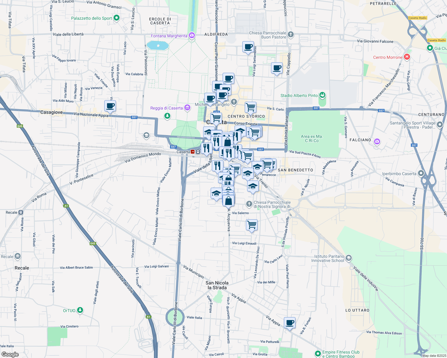 map of restaurants, bars, coffee shops, grocery stores, and more near 62 Via Giulio Antonio Acquaviva in Caserta