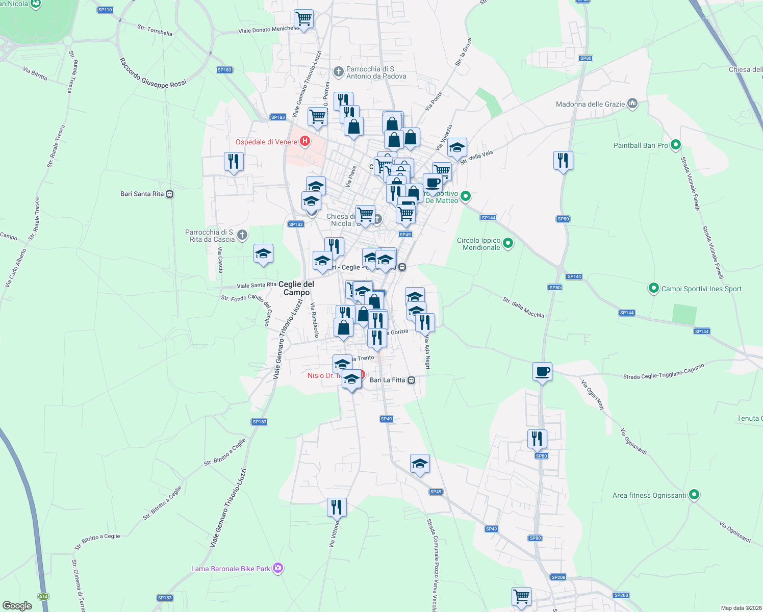 map of restaurants, bars, coffee shops, grocery stores, and more near 8 Vico II Fiume in Bari