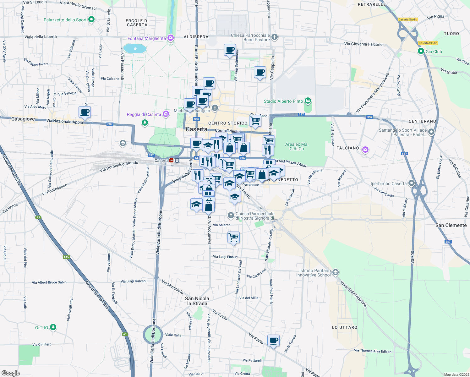 map of restaurants, bars, coffee shops, grocery stores, and more near 166-168 Viale Abramo Lincoln in Caserta
