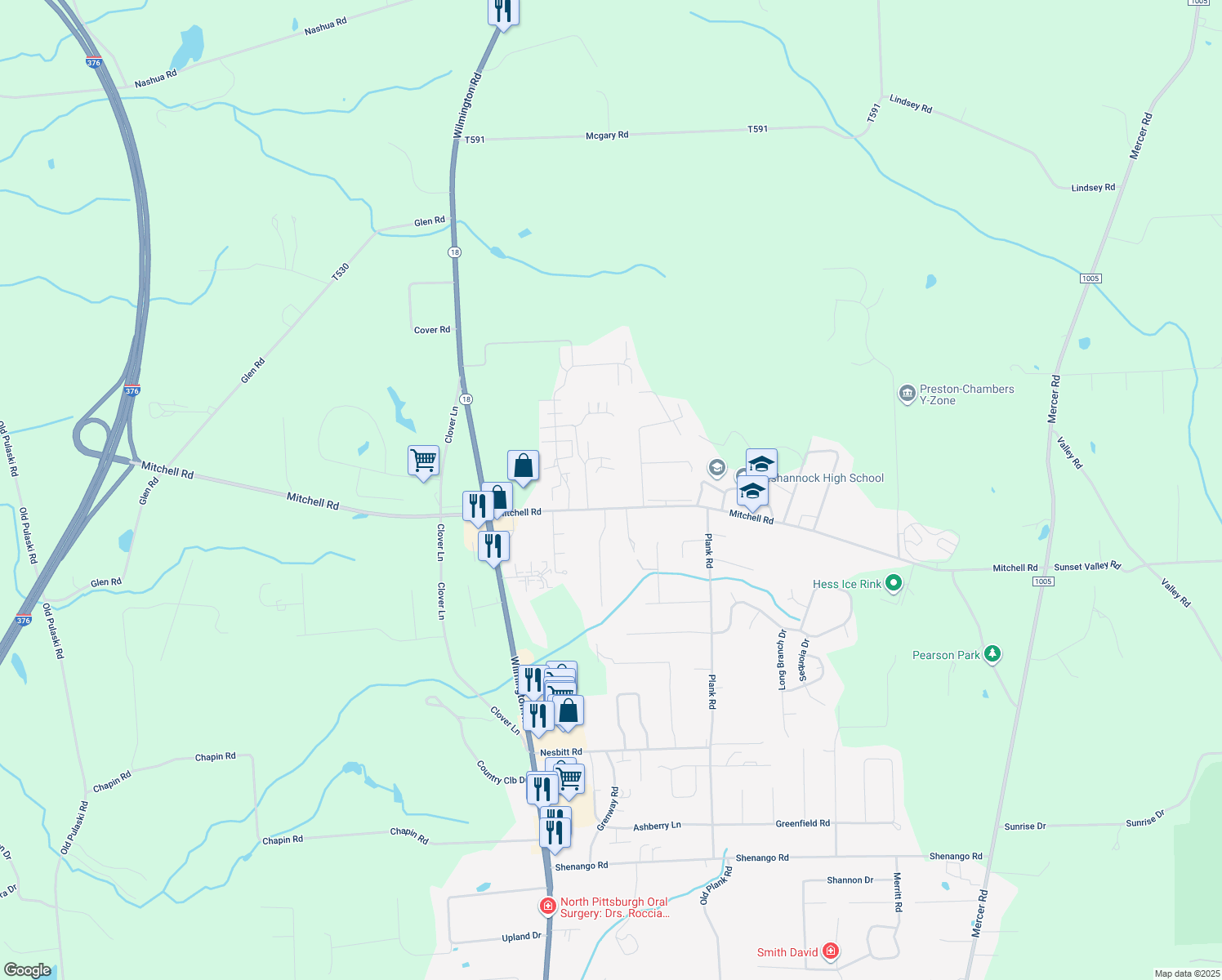 map of restaurants, bars, coffee shops, grocery stores, and more near 4228 Mitchell Road in New Castle