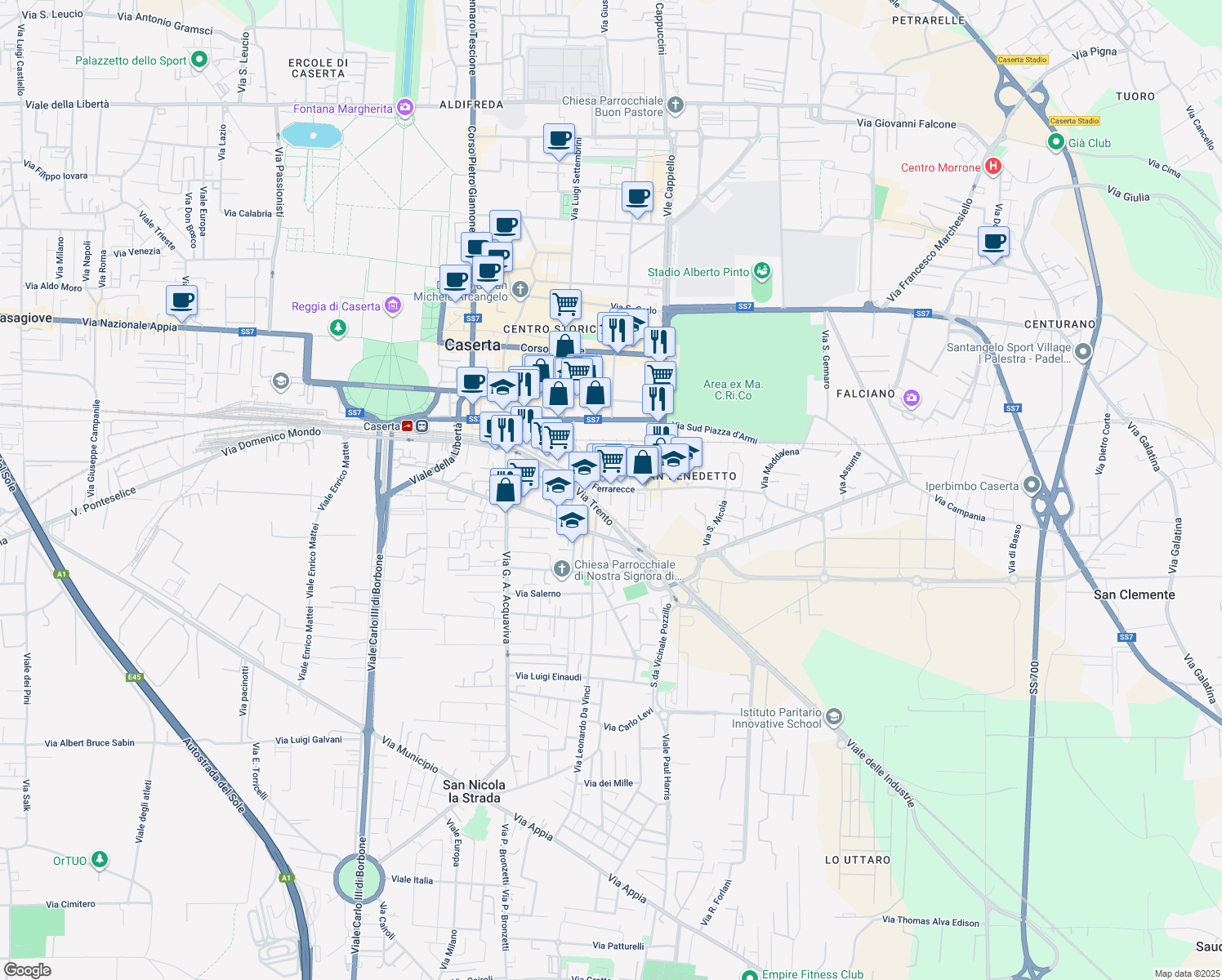map of restaurants, bars, coffee shops, grocery stores, and more near Via Renato Caccioppoli in Caserta