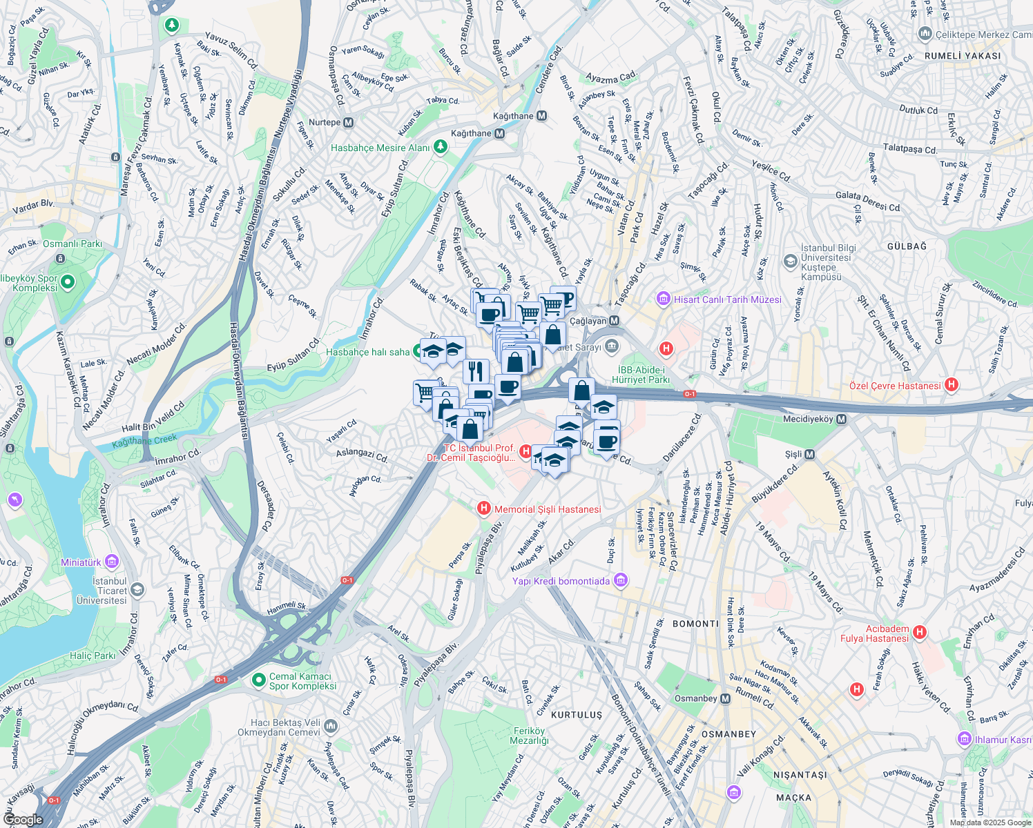 map of restaurants, bars, coffee shops, grocery stores, and more near 34 Darülaceze Caddesi in Kâğıthane