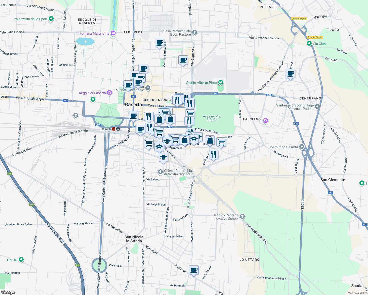 map of restaurants, bars, coffee shops, grocery stores, and more near 11 Via Pasquale Amato in Caserta