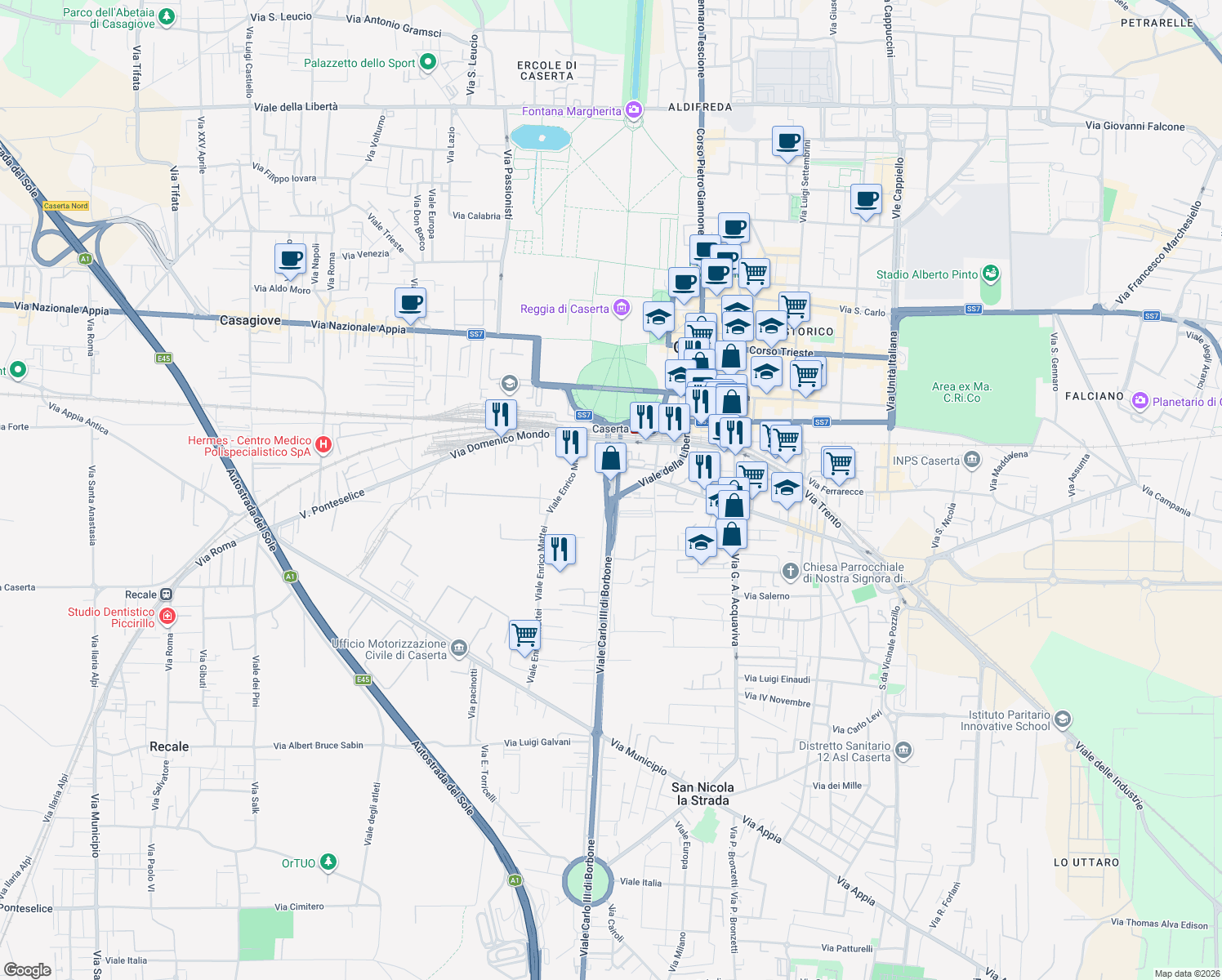 map of restaurants, bars, coffee shops, grocery stores, and more near 87 Viale Carlo III in Caserta