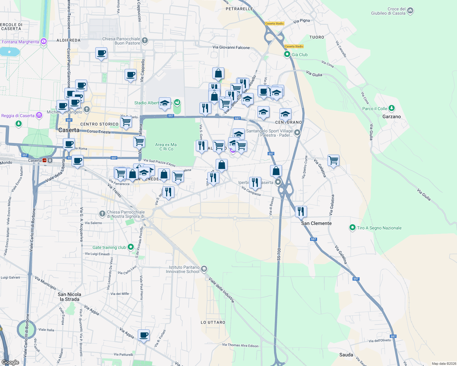 map of restaurants, bars, coffee shops, grocery stores, and more near 286 Viale Abramo Lincoln in Caserta