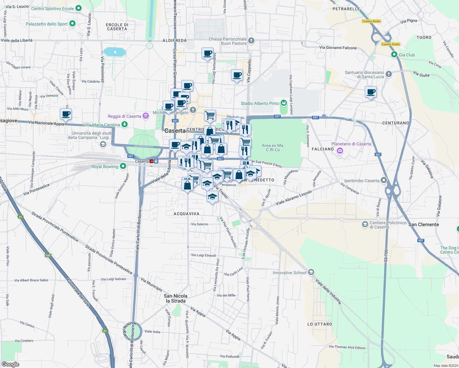 map of restaurants, bars, coffee shops, grocery stores, and more near Via Renato Caccioppoli in Caserta