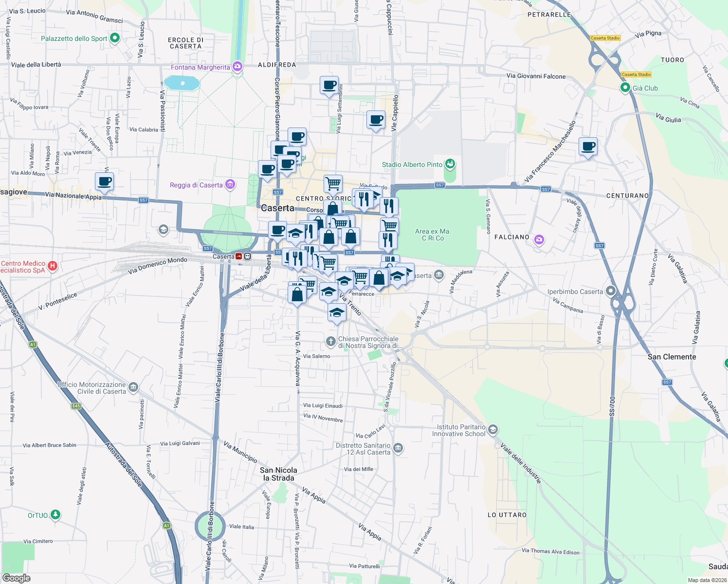 map of restaurants, bars, coffee shops, grocery stores, and more near Via Renato Caccioppoli in Caserta