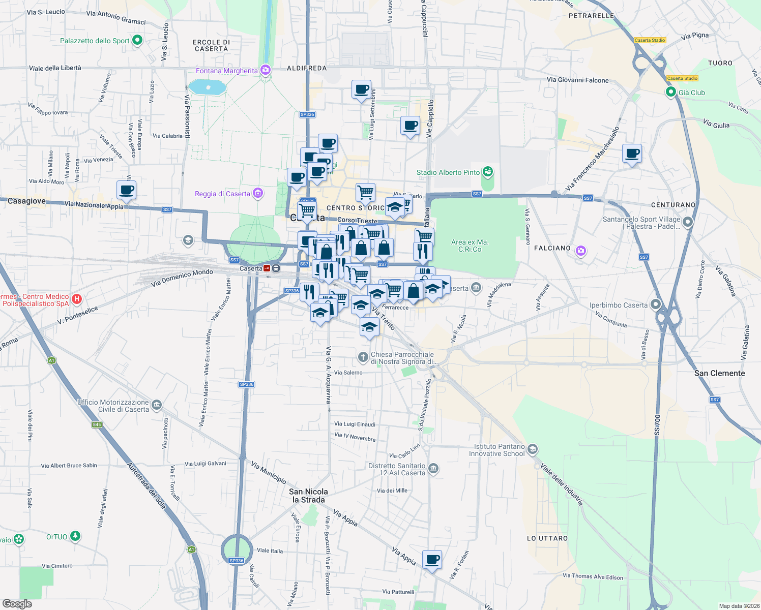 map of restaurants, bars, coffee shops, grocery stores, and more near Via Renato Caccioppoli in Caserta