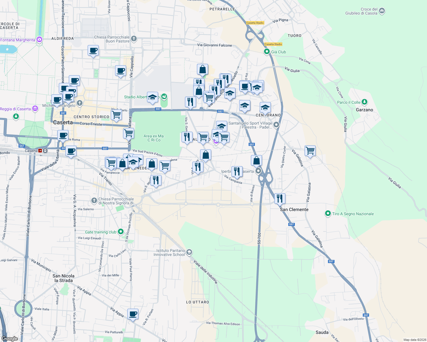 map of restaurants, bars, coffee shops, grocery stores, and more near 286 Viale Abramo Lincoln in Caserta