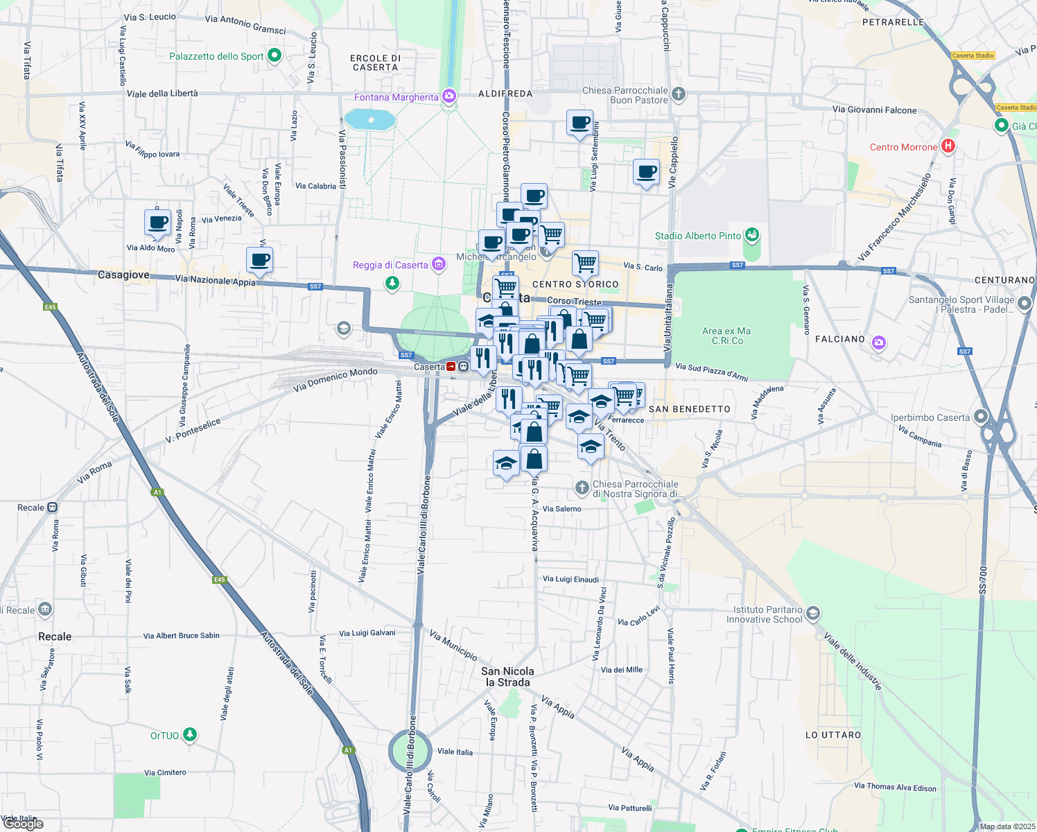 map of restaurants, bars, coffee shops, grocery stores, and more near 41 Via Giulio Antonio Acquaviva in Caserta