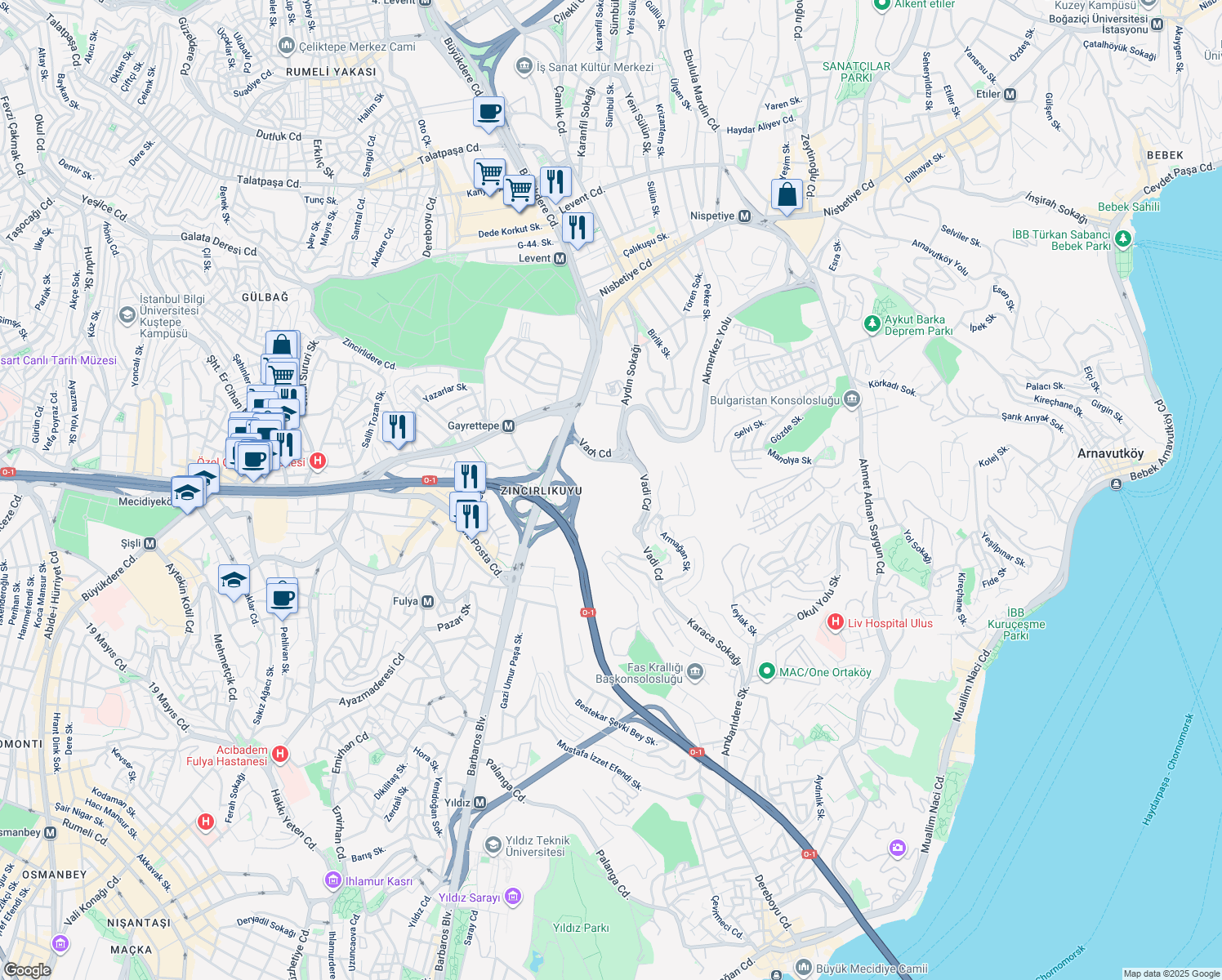 map of restaurants, bars, coffee shops, grocery stores, and more near 2 Koru Sokağı in Beşiktaş