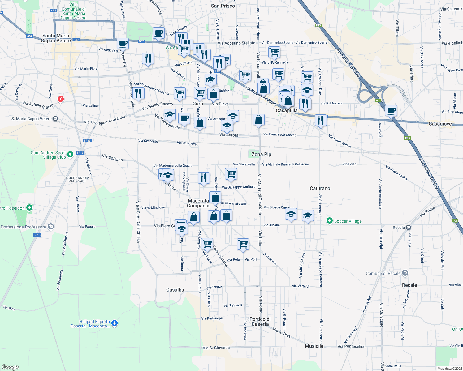 map of restaurants, bars, coffee shops, grocery stores, and more near 3 Via Paolo Borsellino in Macerata Campania