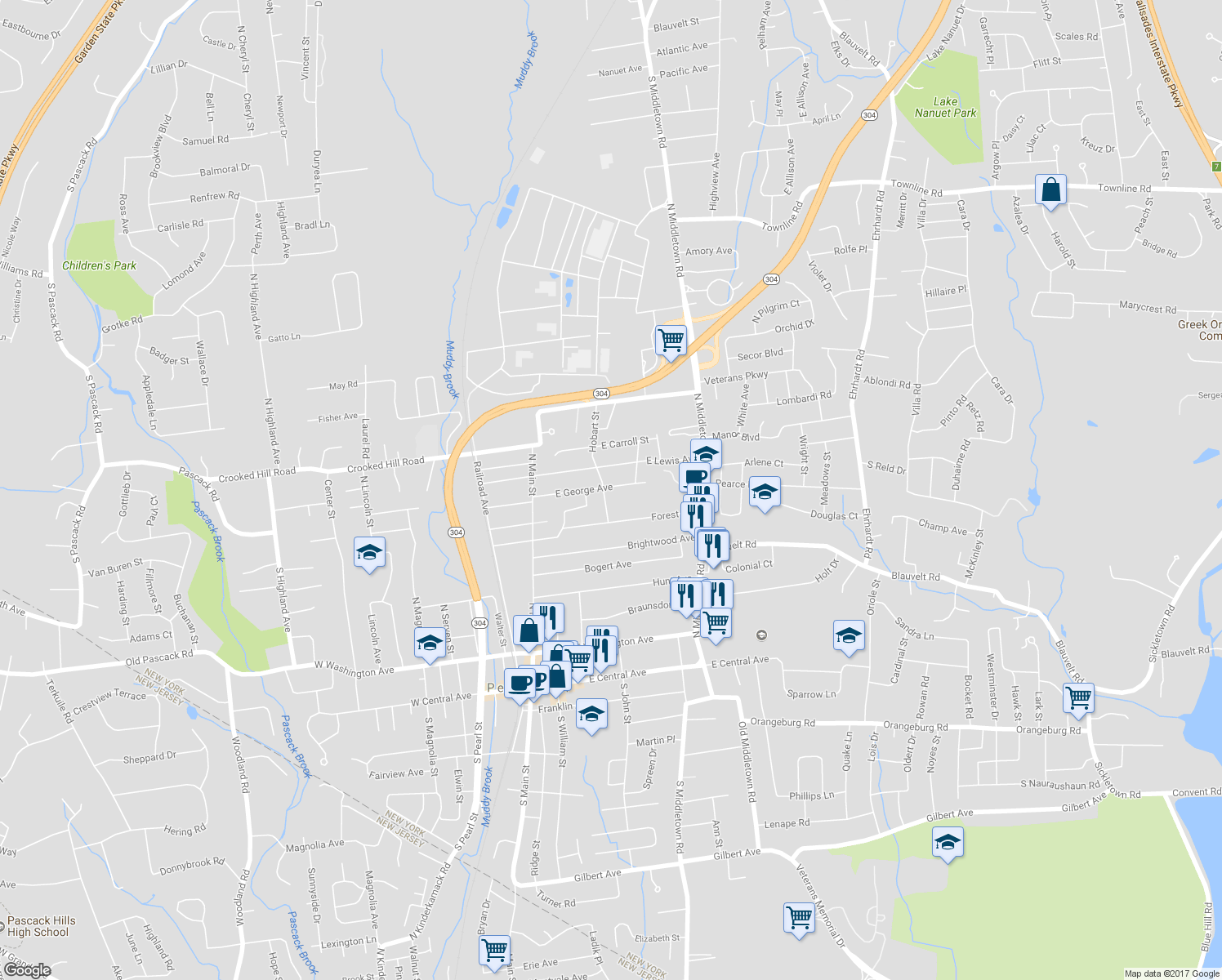 map of restaurants, bars, coffee shops, grocery stores, and more near 204 Hobart Street in Pearl River