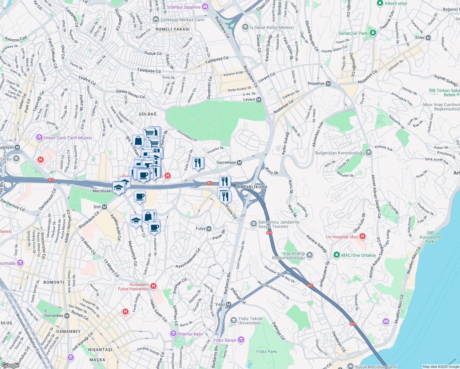 map of restaurants, bars, coffee shops, grocery stores, and more near 2 Villa Caddesi in Şişli