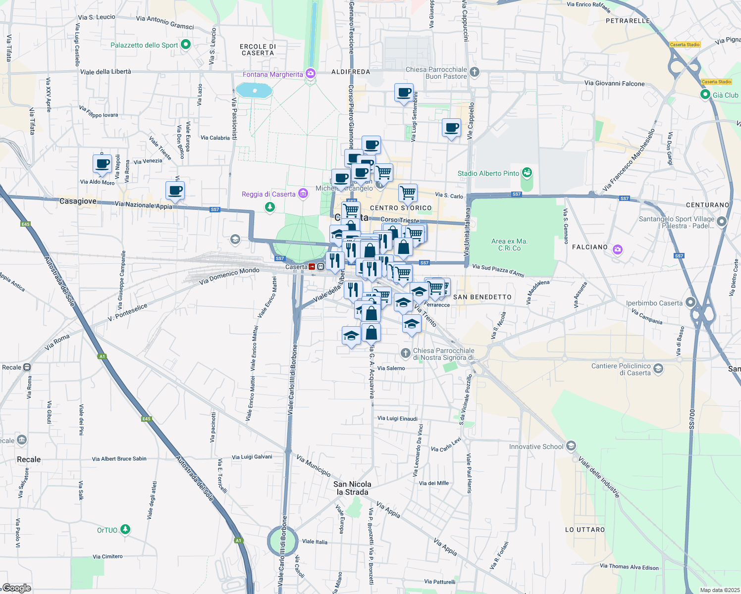 map of restaurants, bars, coffee shops, grocery stores, and more near 41 Via Giulio Antonio Acquaviva in Caserta