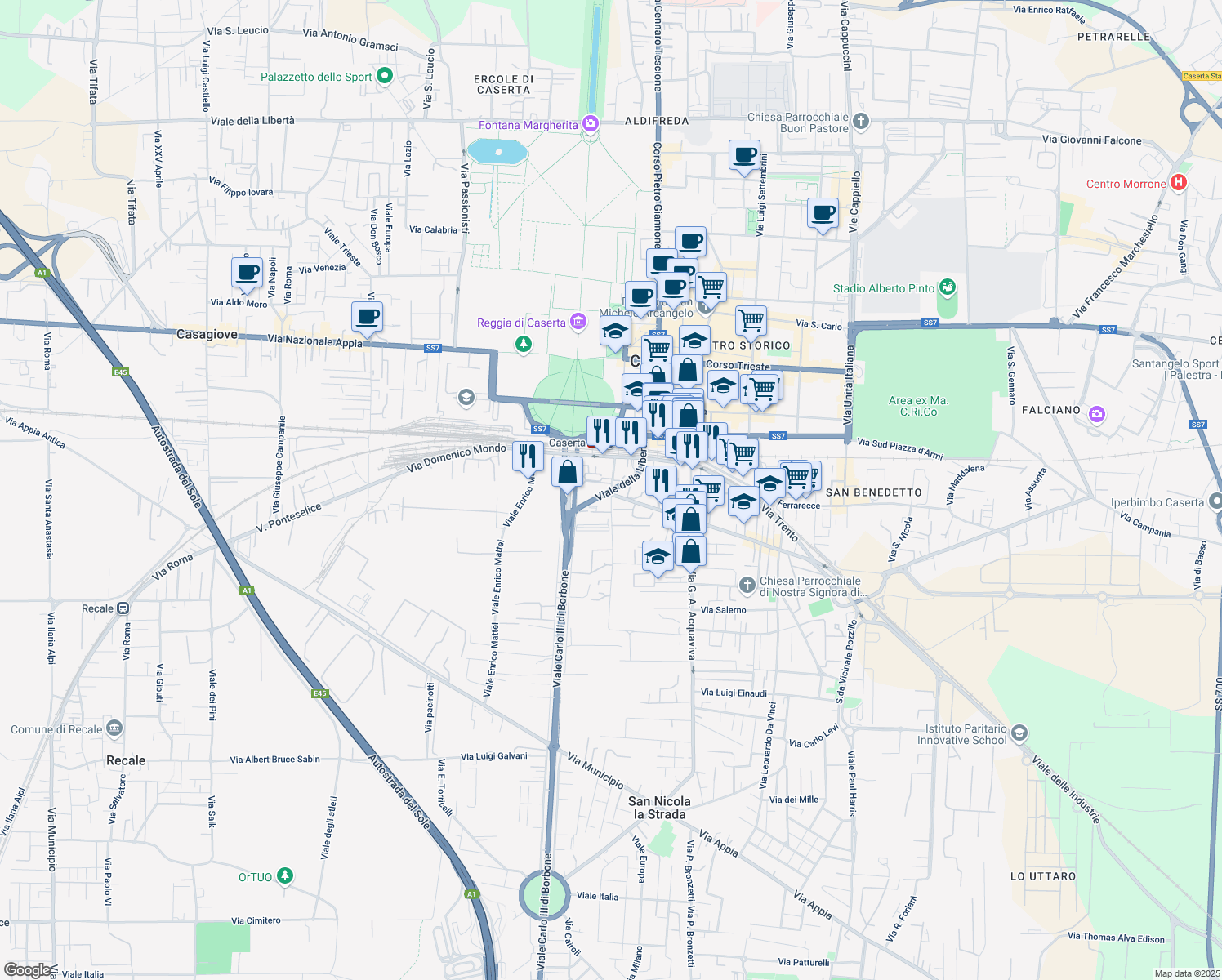 map of restaurants, bars, coffee shops, grocery stores, and more near Viale della Libertà in Caserta
