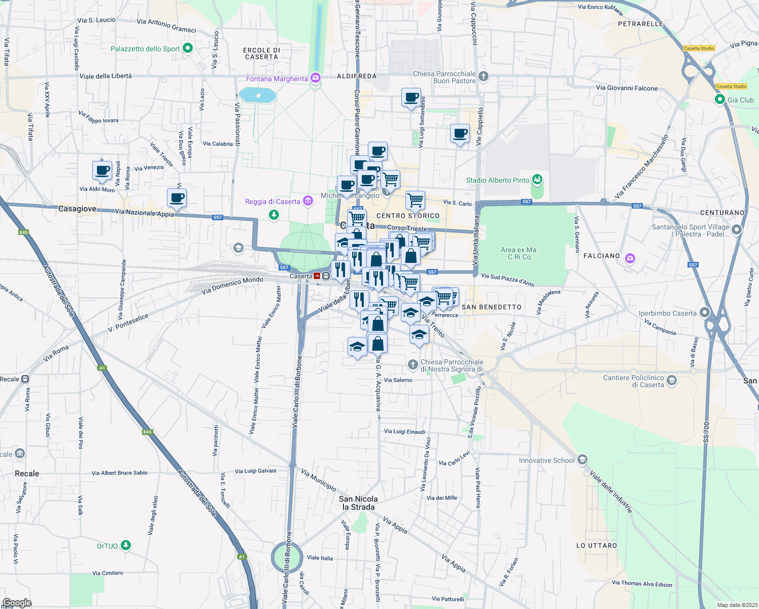 map of restaurants, bars, coffee shops, grocery stores, and more near 41 Via Giulio Antonio Acquaviva in Caserta