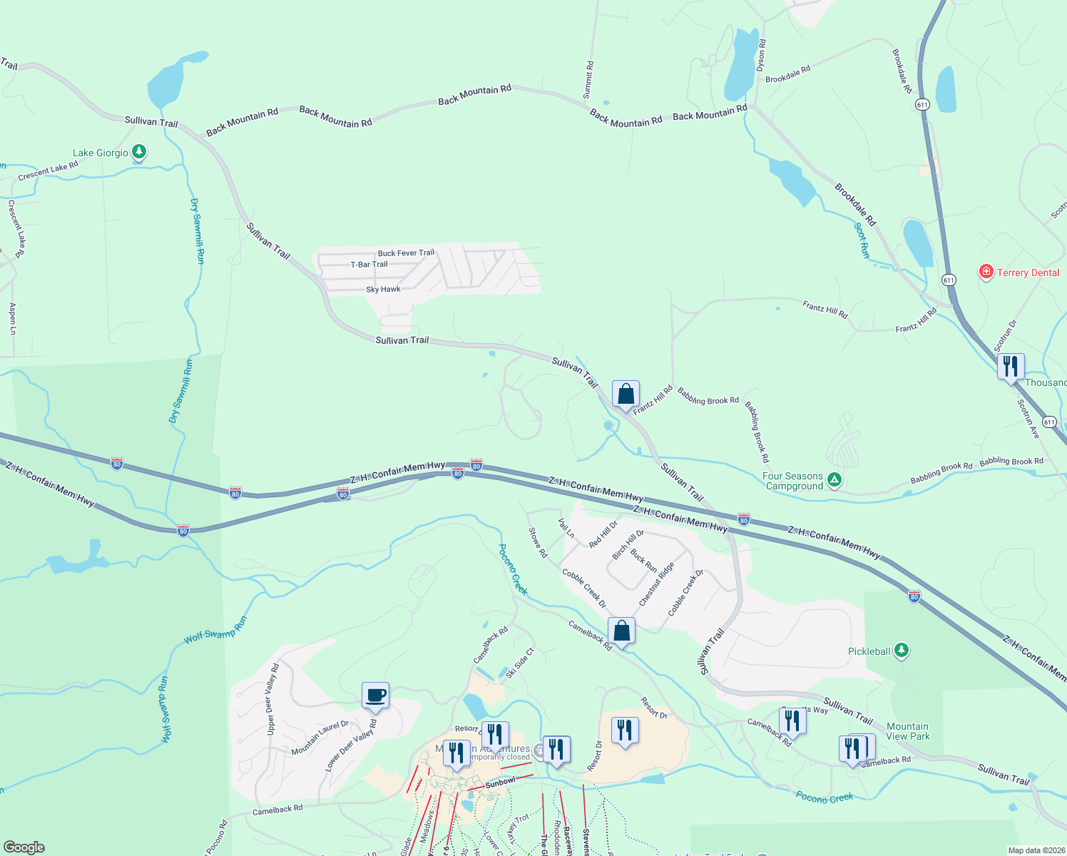 map of restaurants, bars, coffee shops, grocery stores, and more near 38 Image Drive in Scotrun