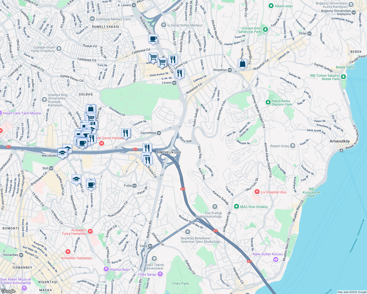 map of restaurants, bars, coffee shops, grocery stores, and more near 2 Koru Sokağı in Beşiktaş